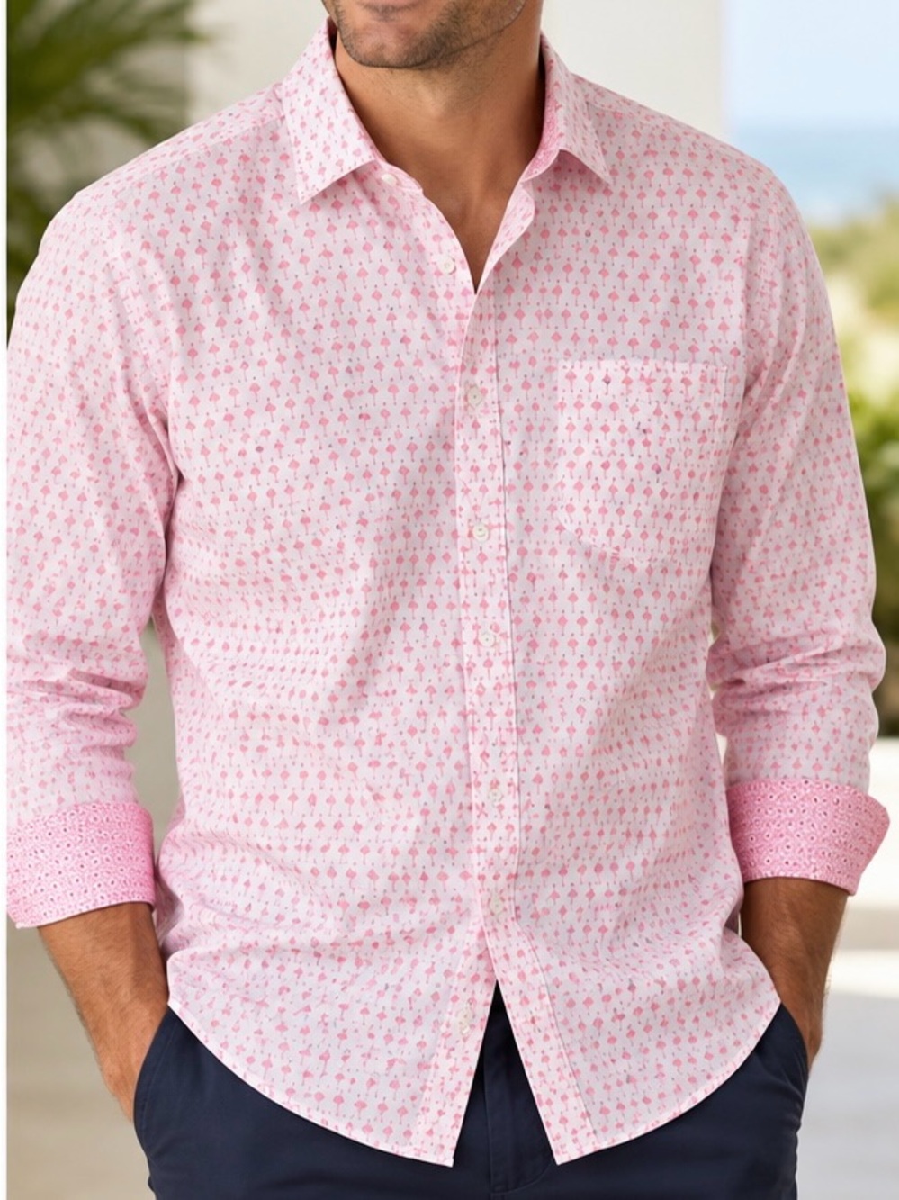 Johnston & Murphy Men XL Pink Flamingo Print Cotton Button Down Shirt